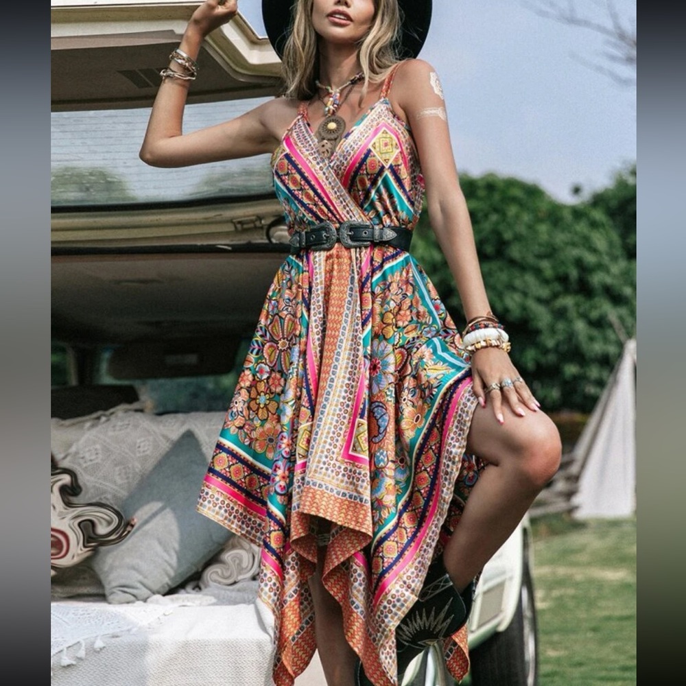 Boho Plus Size Scarf Print Asymmetrical Hi Low Hem Cami Dress Without Belt - Picture 6 of 8